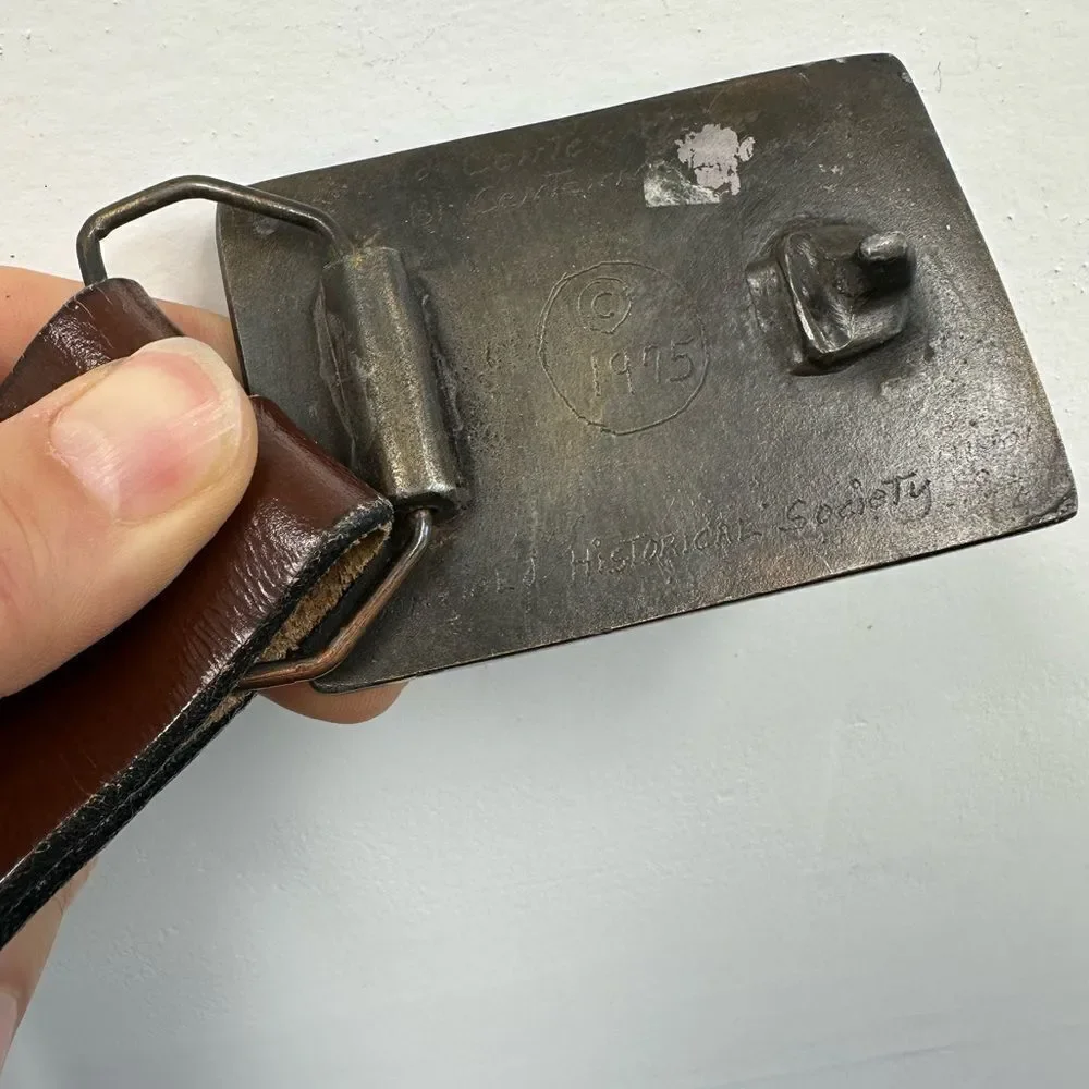 Broomfield Colorado 1975 Heavy Brass Buckle Brown Tooled Leather Belt Size S